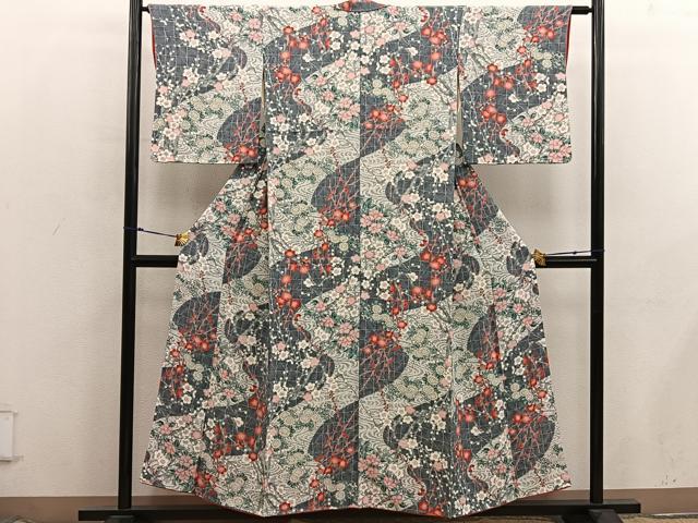平和屋着物■上質な小紋　梅花文　鬼しぼ縮緬　正絹　逸品　BAAX8469mz
