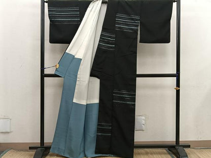 平和屋着物■上質な小紋　横段文　黒地　正絹　逸品　BAAX8472mz