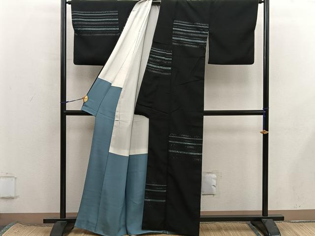 平和屋着物■上質な小紋　横段文　黒地　正絹　逸品　BAAX8472mz