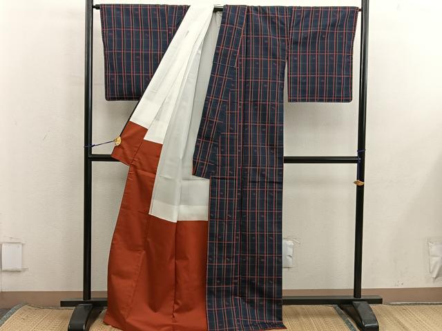 平和屋着物■上質な紬　格子柄　正絹　逸品　未使用　BAAX8537mz