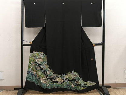 平和屋着物■豪華黒留袖　友禅　作家物　風景花文　正絹　逸品　BAAX8557mz