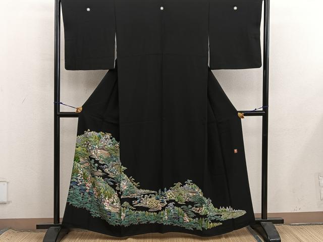 平和屋着物■豪華黒留袖　友禅　作家物　風景花文　正絹　逸品　BAAX8557mz