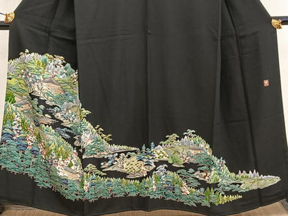 平和屋着物■豪華黒留袖　友禅　作家物　風景花文　正絹　逸品　BAAX8557mz