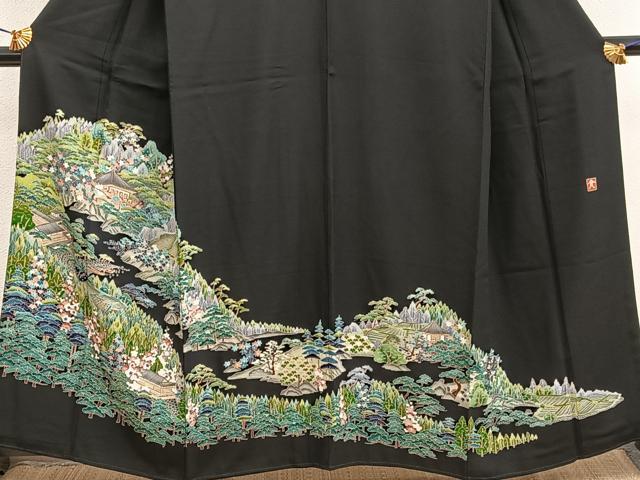 平和屋着物■豪華黒留袖　友禅　作家物　風景花文　正絹　逸品　BAAX8557mz