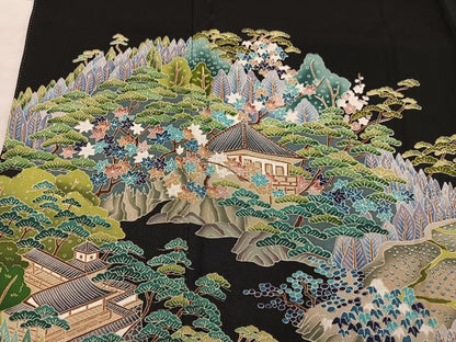 平和屋着物■豪華黒留袖　友禅　作家物　風景花文　正絹　逸品　BAAX8557mz