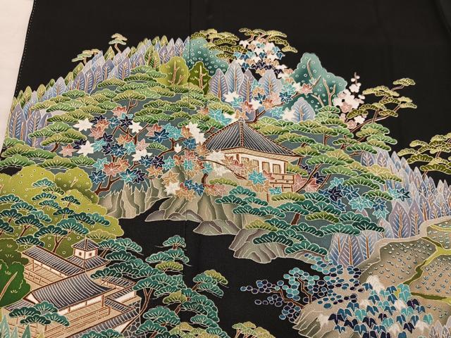 平和屋着物■豪華黒留袖　友禅　作家物　風景花文　正絹　逸品　BAAX8557mz