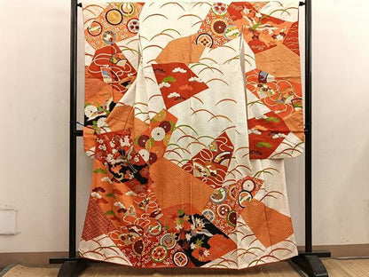 平和屋着物■豪華振袖　駒刺繍　飛鶴枝梅文　金彩　正絹　逸品　BAAX8560mz
