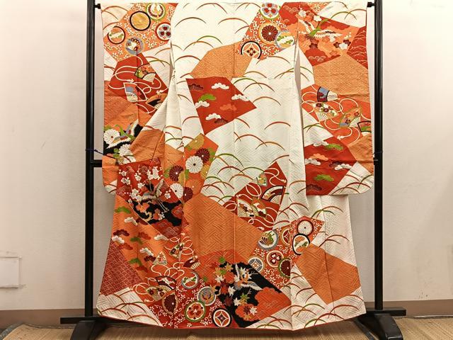 平和屋着物■豪華振袖　駒刺繍　飛鶴枝梅文　金彩　正絹　逸品　BAAX8560mz