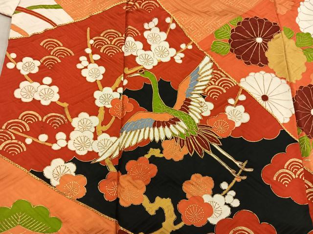 平和屋着物■豪華振袖　駒刺繍　飛鶴枝梅文　金彩　正絹　逸品　BAAX8560mz