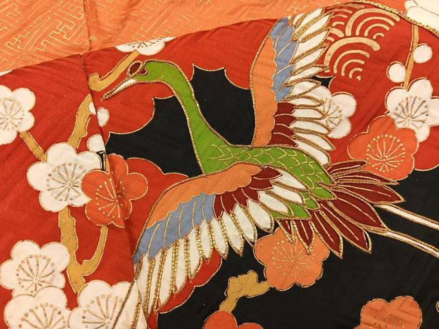 平和屋着物■豪華振袖　駒刺繍　飛鶴枝梅文　金彩　正絹　逸品　BAAX8560mz
