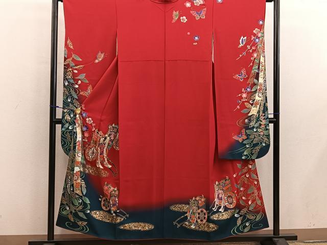 平和屋着物■豪華振袖　駒刺繍　御所車花文　暈し染め　金銀彩　正絹　逸品　BAAX8562mz