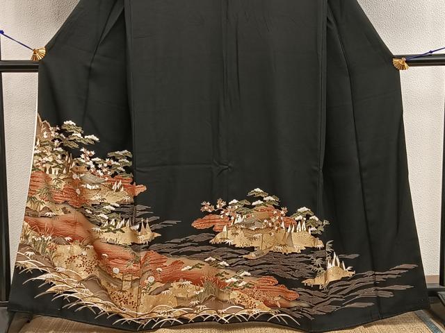 平和屋着物■豪華黒留袖　風景花文　金彩　正絹　逸品　BAAX8564mz