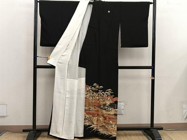 平和屋着物■豪華黒留袖　風景花文　金彩　正絹　逸品　BAAX8564mz