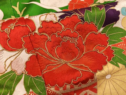 平和屋着物■豪華振袖　駒刺繍　牡丹花車文　金彩　正絹　逸品　BAAX8565mz