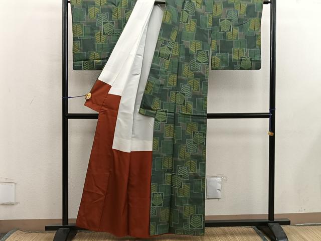 平和屋着物■上質な紬　色紙重ね草葉文　正絹　逸品　BAAX8567mz