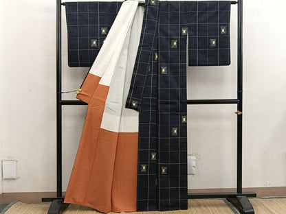 平和屋着物■上質な紬　格子柄　正絹　逸品　BAAX8570mz