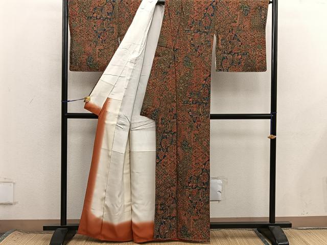 平和屋着物■更勝　小紋　陶器花鳥文　反端付き　正絹　逸品　BAAX8584mz