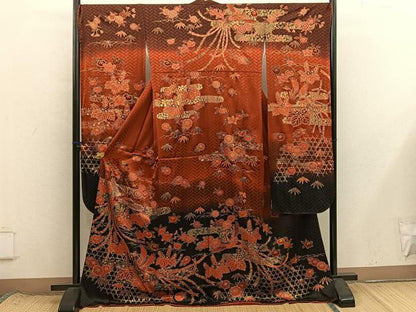 平和屋着物●豪華振袖　駒刺繍　鳳凰花文　暈し染め　金彩　正絹　逸品　BAAX8589mz