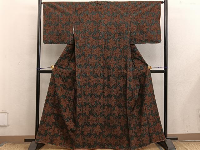 平和屋着物■上質な紬　亀甲草葉文　正絹　逸品　BAAX8602mz