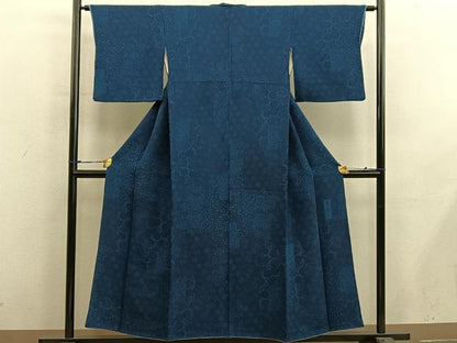平和屋着物■上質な小紋　本藍　型絵染め　菊唐草文　正絹　逸品　BAAX8615mz