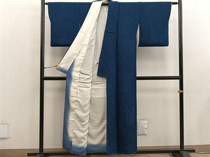 平和屋着物■上質な小紋　本藍　型絵染め　菊唐草文　正絹　逸品　BAAX8615mz