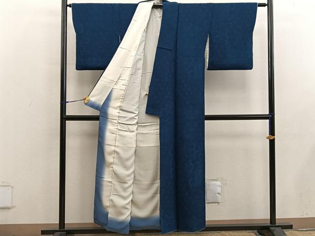 平和屋着物■上質な小紋　本藍　型絵染め　菊唐草文　正絹　逸品　BAAX8615mz
