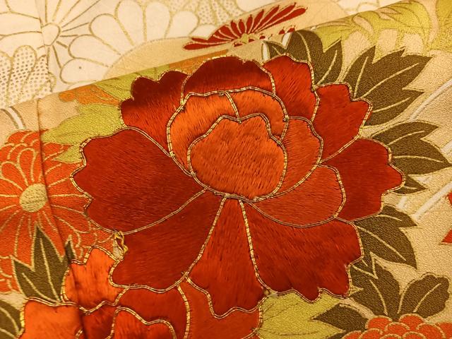 平和屋着物■訪問着　駒刺繍　菊牡丹花文　金彩　正絹　逸品　BAAX8633mz