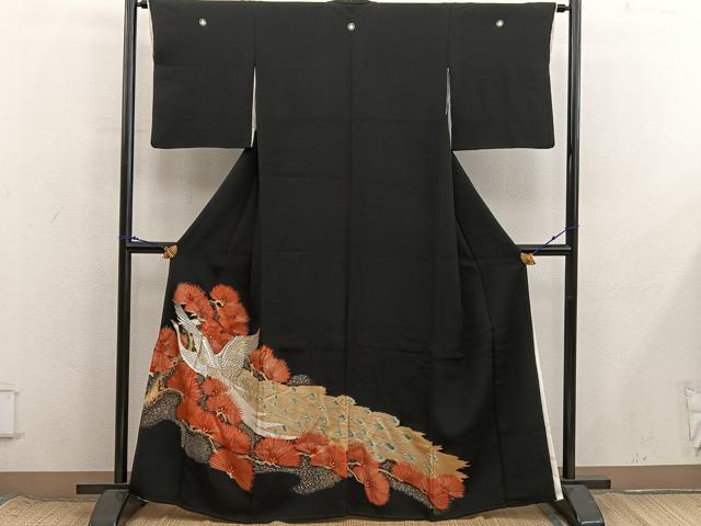 平和屋着物■豪華黒留袖　刺繍　孔雀　金銀糸　正絹　逸品　BAAX8642mz