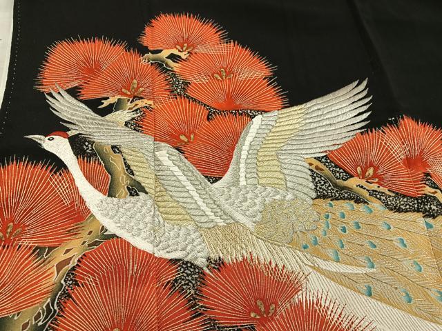 平和屋着物■豪華黒留袖　刺繍　孔雀　金銀糸　正絹　逸品　BAAX8642mz