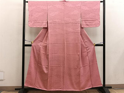 平和屋着物■上質な色無地　幾何学地紋　甚三紅色　正絹　逸品　BAAX8684mz