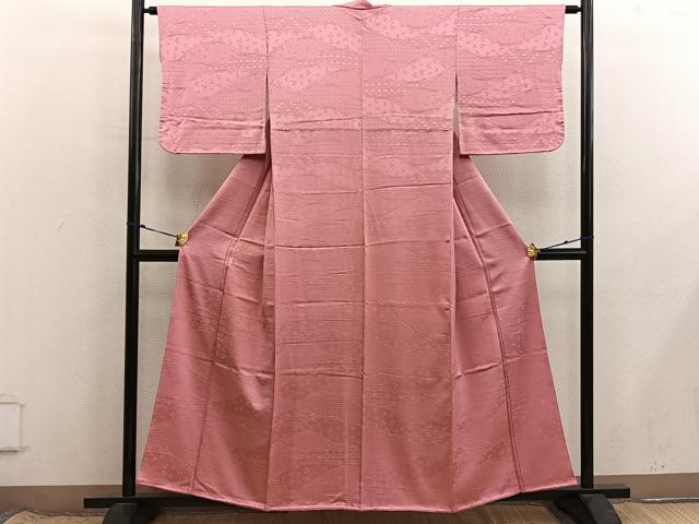 平和屋着物■上質な色無地　幾何学地紋　甚三紅色　正絹　逸品　BAAX8684mz