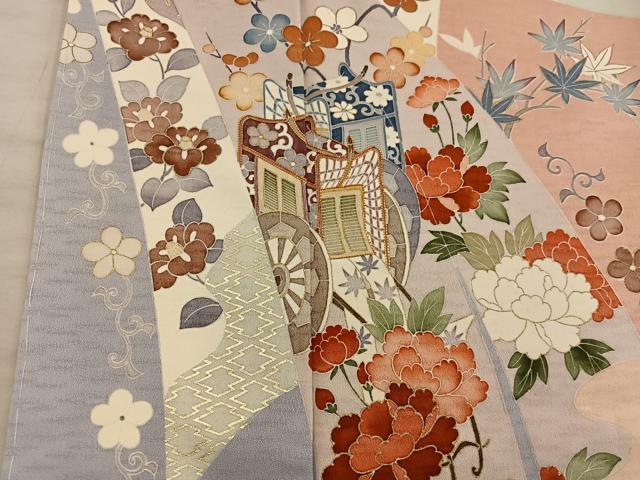 平和屋着物●訪問着　駒刺繍　御所車花文　金彩　高島屋扱い　正絹　逸品　BAAX8687mz
