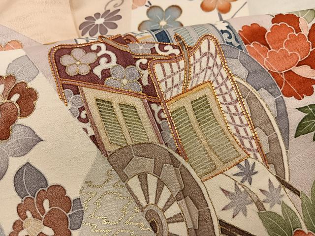 平和屋着物●訪問着　駒刺繍　御所車花文　金彩　高島屋扱い　正絹　逸品　BAAX8687mz