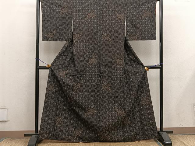 平和屋着物■上質な紬　麻の葉花文　正絹　逸品　BAAX8706mz