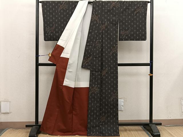 平和屋着物■上質な紬　麻の葉花文　正絹　逸品　BAAX8706mz