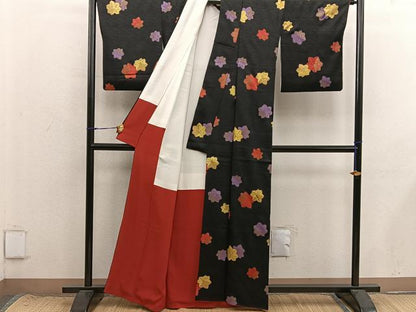 平和屋着物■上質な小紋　楓文　黒地　金彩　正絹　逸品　BAAX8708mz