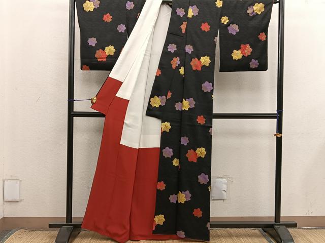 平和屋着物■上質な小紋　楓文　黒地　金彩　正絹　逸品　BAAX8708mz