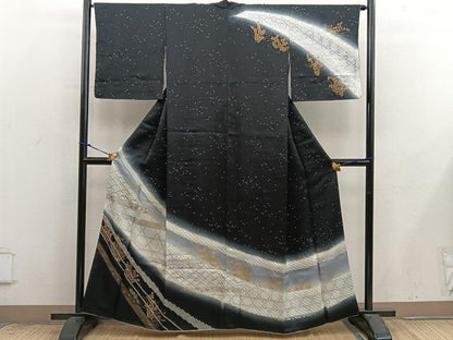 平和屋着物●訪問着　絞り　菊花文　暈し染め　黒地　金彩　正絹　逸品　BAAX8774mz