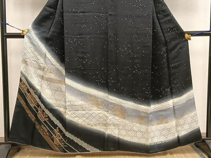 平和屋着物●訪問着　絞り　菊花文　暈し染め　黒地　金彩　正絹　逸品　BAAX8774mz