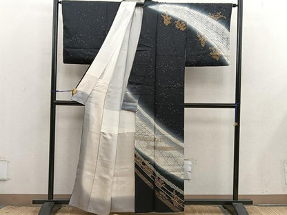 平和屋着物●訪問着　絞り　菊花文　暈し染め　黒地　金彩　正絹　逸品　BAAX8774mz