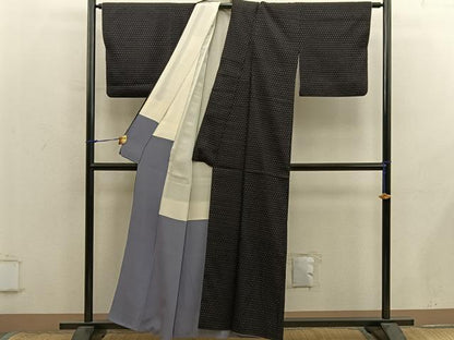 平和屋着物■上質な紬　絣文様　黒地　正絹　逸品　BAAX8780mz