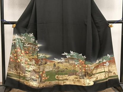 平和屋着物■豪華黒留袖　風景花文　暈し染め　金彩　正絹　逸品　BAAX8818mz