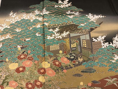 平和屋着物■豪華黒留袖　風景花文　暈し染め　金彩　正絹　逸品　BAAX8818mz