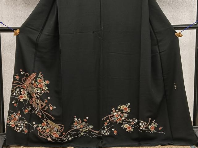 平和屋着物●豪華黒留袖　総刺繍　蘇州刺繍　御所車菊花絵巻　金糸　正絹　逸品　BAAX8825mz