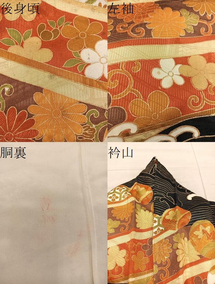 平和屋着物●訪問着　駒刺繍　立波菊花文　黒地　金彩　正絹　逸品　BAAX8832mz