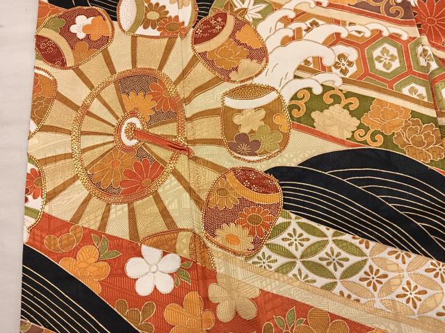 平和屋着物●訪問着　駒刺繍　立波菊花文　黒地　金彩　正絹　逸品　BAAX8832mz