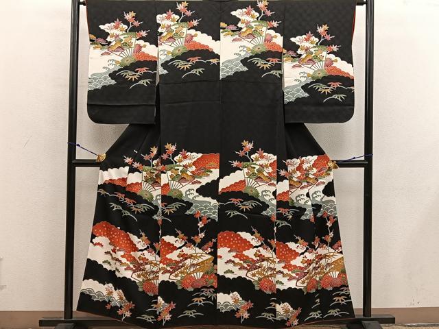 平和屋着物■訪問着　型染め　立波扇面花文　黒地　正絹　逸品　BAAX8838mz