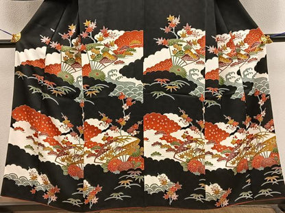 平和屋着物■訪問着　型染め　立波扇面花文　黒地　正絹　逸品　BAAX8838mz