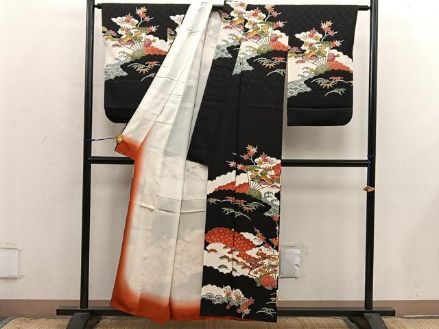 平和屋着物■訪問着　型染め　立波扇面花文　黒地　正絹　逸品　BAAX8838mz