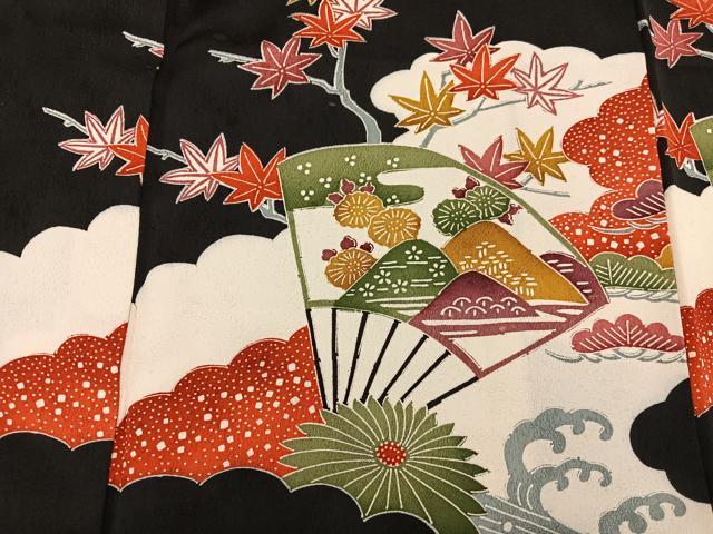 平和屋着物■訪問着　型染め　立波扇面花文　黒地　正絹　逸品　BAAX8838mz